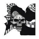 A skull with racing flags as eyes and a checkered flag background tattoo design idea