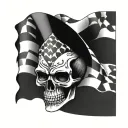 A skull with racing flags as eyes and a checkered flag background tattoo design idea