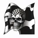 A skull with racing flags as eyes and a checkered flag background tattoo design idea