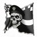 A skull with racing flags as eyes and a checkered flag background tattoo design idea
