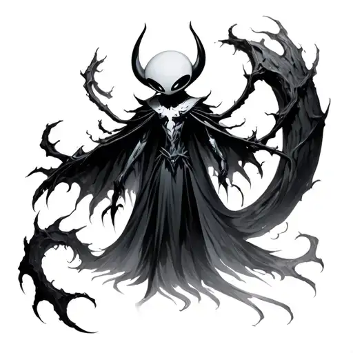 An epic dark fantasy scene inspired by Hollow Knight. At the top of the image, a shadowy figure of the Radiance with glo tattoo design idea