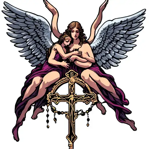 3 angels, cross, rosary intertwined tattoo design idea