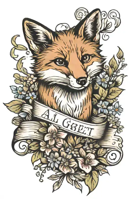 fox with wild flowers and banner wrapped says "all great things are wild and free" tattoo design idea
