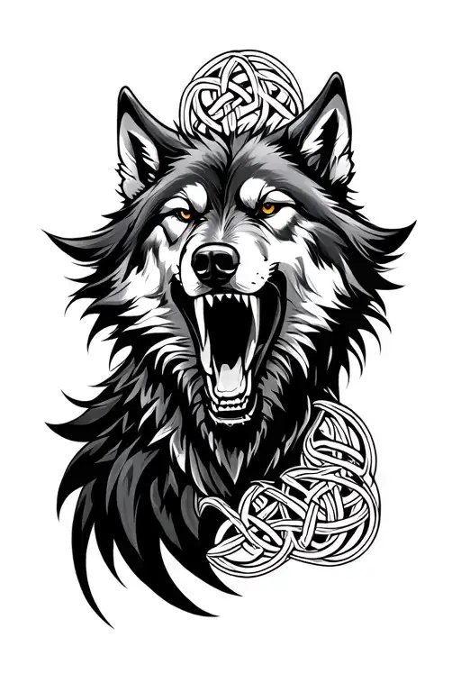 snarling wolf surrounded by Celtic protection knot tattoo design idea