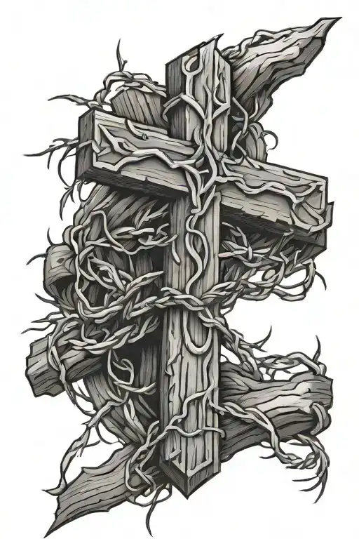 wood cross with barbed wire tattoo design idea