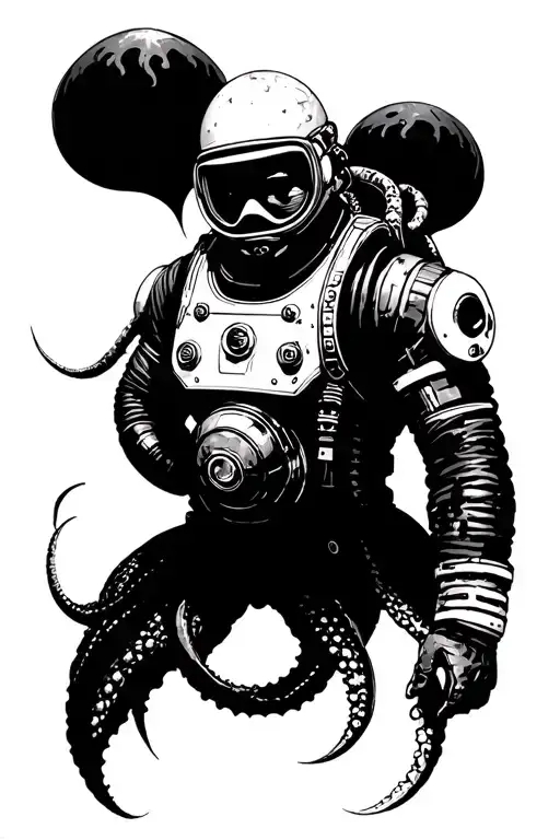 Divers suit (like big daddy from bioshock) that is looking foward with tentacles behind him tattoo design idea