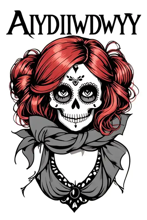 "AIYDIWDWY" sugar skull with red hair wearing a hair scarf in a bun tattoo design idea