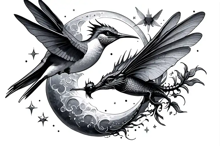 humming bird & dragon fly. sun, moon, stars. left shoulder, horizontal, up the arm  tattoo design idea