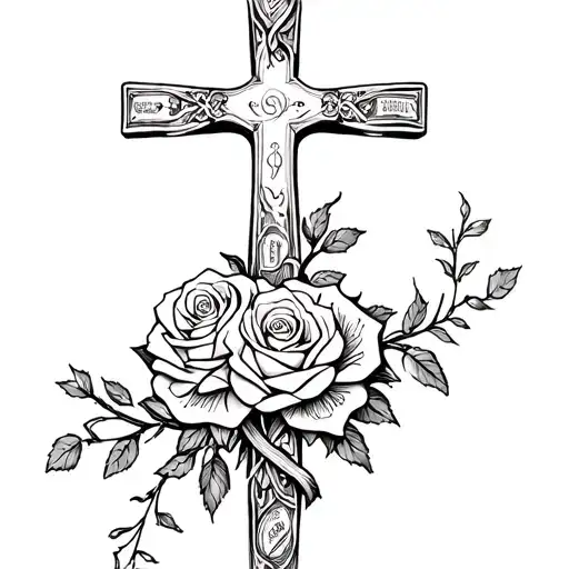  rose bouquet with vines wrapping around crosses, symbolizing the client's love for money and family and my faith in God tattoo design idea