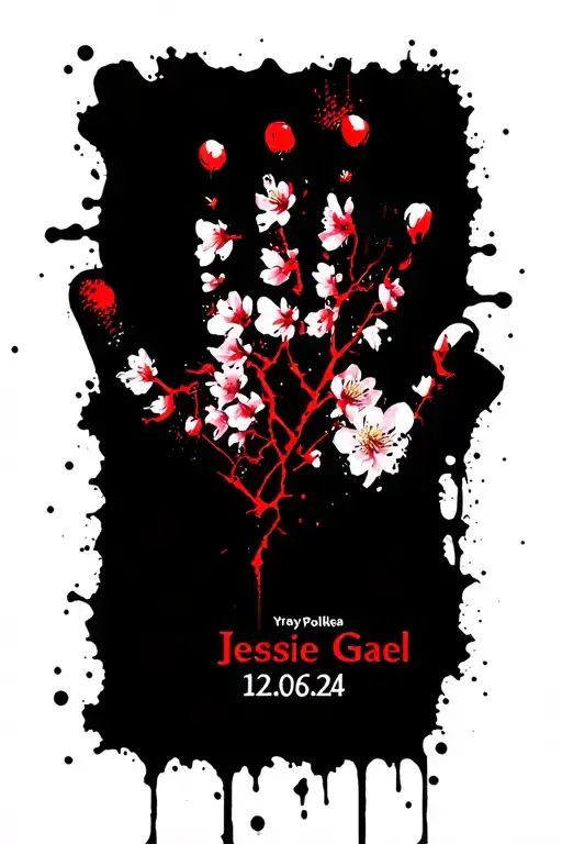 "Jessie Gael 12.06.24 " black and white baby hand print with a few cherry blossom branch tattoo design idea