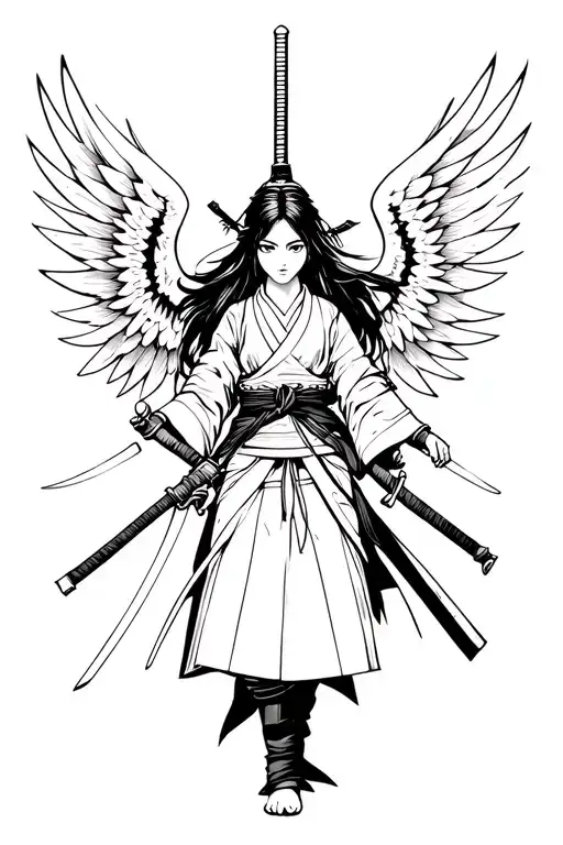 Beautiful girl Samurai with a sword and wings tattoo design idea