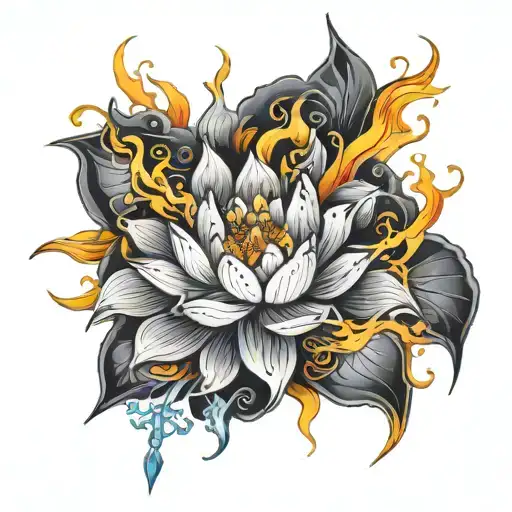 vibrant lotus, smoke, ice, air, water, flame, sword and tendrils tattoo design idea