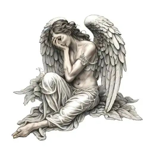 realistic full body female  angel with open wings and both hands on the face like crying tattoo design idea