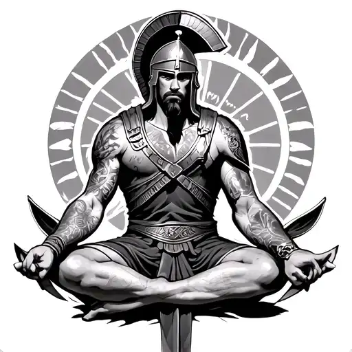 Roman warrior with his Spartan helmet, in uniform, sitting in the lotus position, with tattoos tattoo design idea