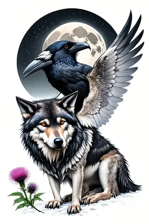 Raven hugs gray timber wolf with wings, wings enclose wolf's head, background moon with Scotish thistle, black gray tattoo design idea