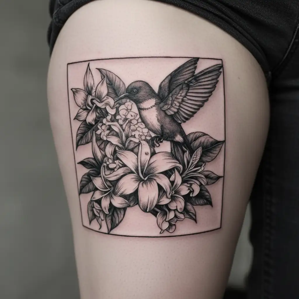 A black and grey tattoo of the St Lucia flag with the Antillien crested Hummingbird perched on top, surrounded by white and pink frangipani flowers tattoo design idea