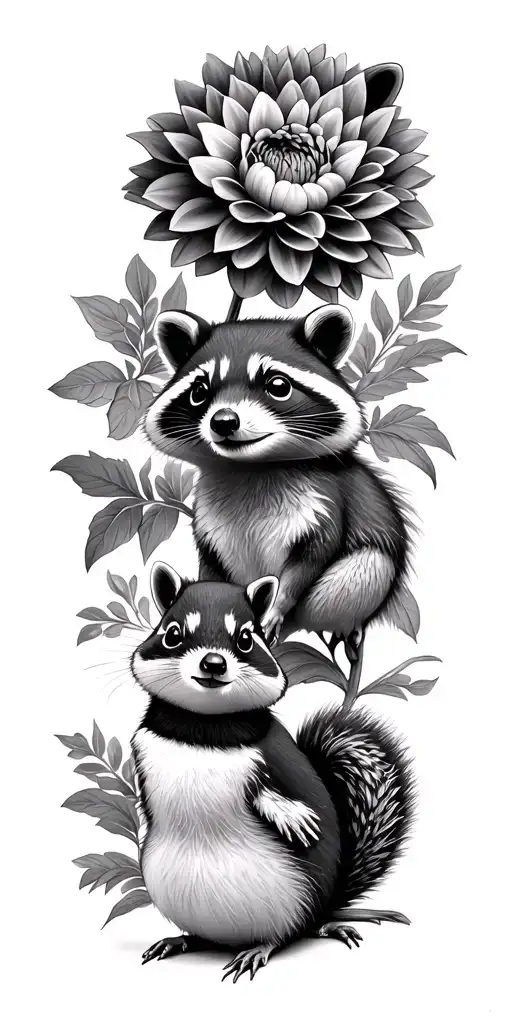 Infant raccoon, eastern chipmunk, and black-capped chickadee surrounded by dahlia tattoo design idea