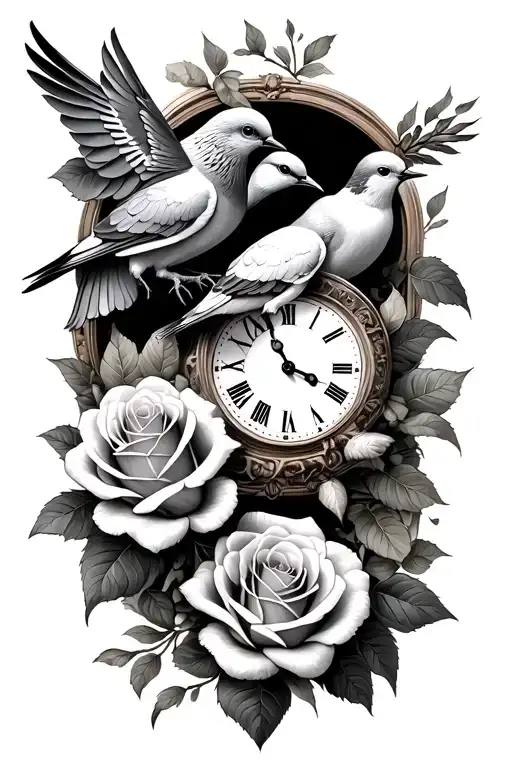 turtle doves roses and clocks tattoo design idea