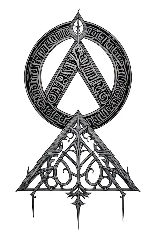 Fine line triforce in a circle of elvish writing with fine line architectural elements. tattoo design idea