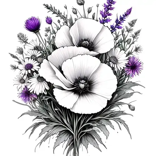 please design a fine line black tattoo with a poppy, larkspur, snowdrop, thistle, purple heather and edelweiss  tattoo design idea