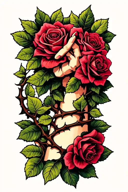A tattoo od vine with leaves and roses and thorns entwines the arm, starting from the wrist and blossoming to the elbow. tattoo design idea