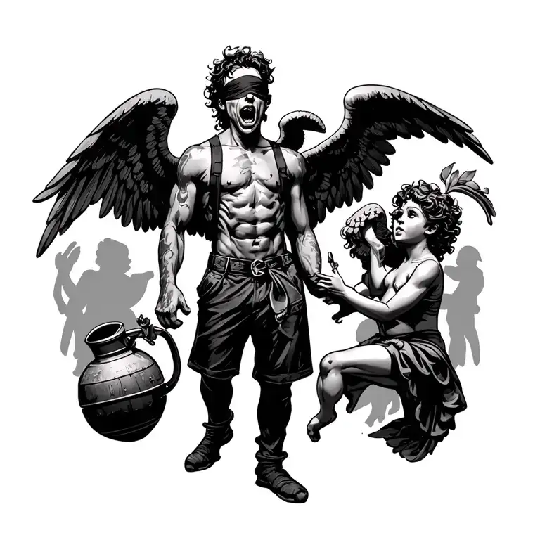 newschool street gang style, scared and crazy man wearing blindfold standing below a Cupid angel holding grenade tattoo design idea