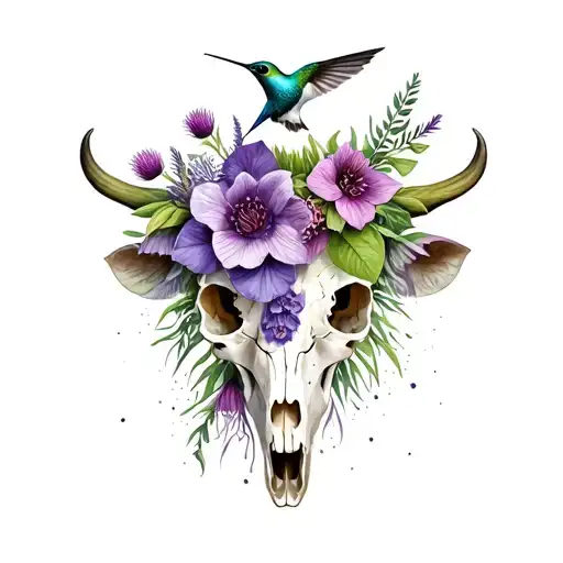 A bouquet of hellebore, thistle, blackthorne and foxglove growing out of a cows skull hummingbird tattoo design idea