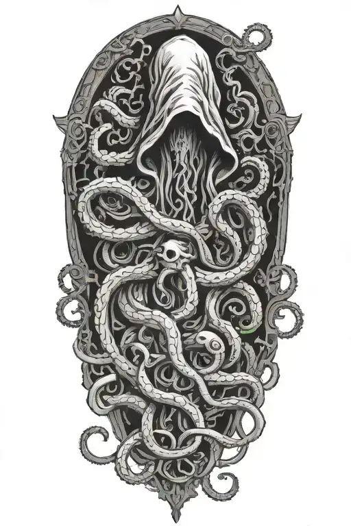 Lovecraftian horror, old one, tentacles, hooded cultists tattoo design idea
