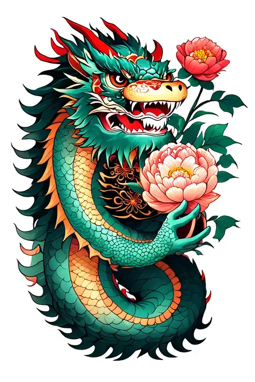 japanese dragon holding daruma in his hand and place the peony flower behinda dragon tattoo design idea