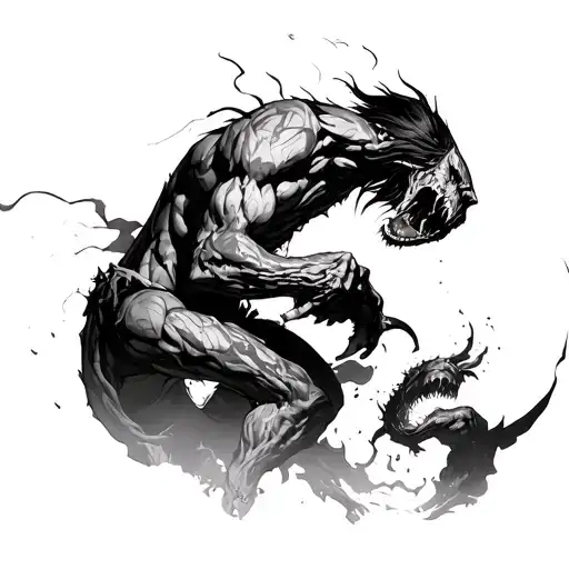 Eren's titan from attack on titan biting into another titan. Add dark fantasy elements. tattoo design idea