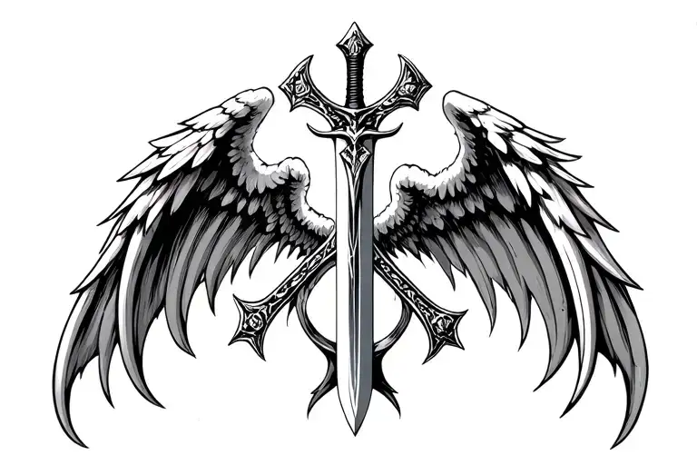 sword cross intertwined, with wings bad and good  tattoo design idea