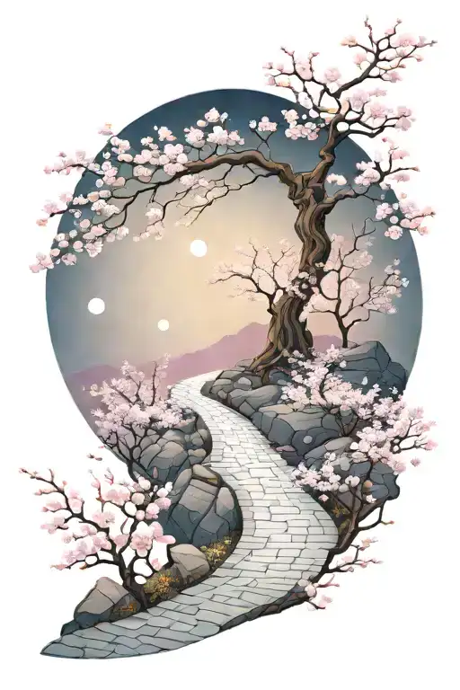a subtle, winding path in moonlight, surrounded by cherry blossom, the path leading nowhere; whole is a jigsaw puzzle tattoo design idea