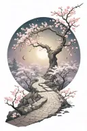 a subtle, winding path in moonlight, surrounded by cherry blossom, the path leading nowhere; whole is a jigsaw puzzle tattoo design idea