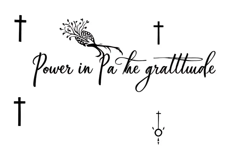 "Power in the Pause, gratitude" A cross, biblical symbols, tree of life, revived symbol, hardship symbol, peacock it will be going on my forearm. tattoo design idea