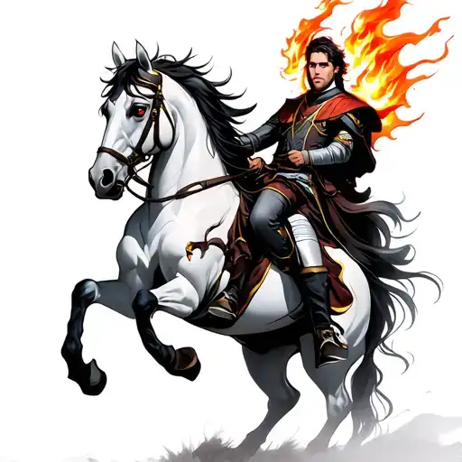 Anime White/Black Prince on a horse with red flaming eyes with lightinings and dark sad  tattoo design idea