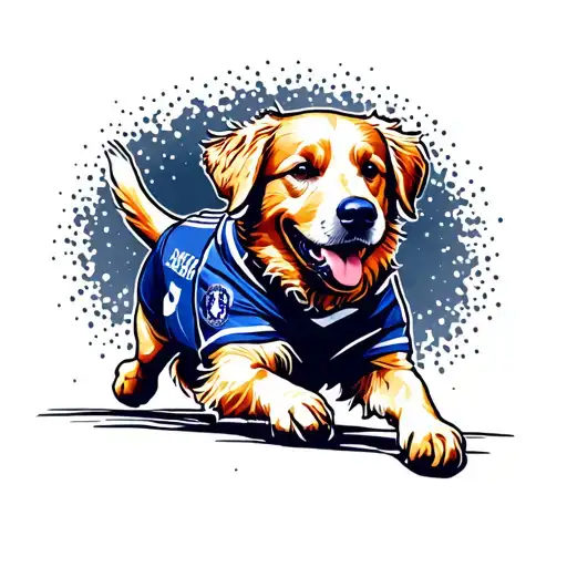 Tattoo of a golden retriever wearing a Chelsea FC jersey running through the streets of Austin tattoo design idea
