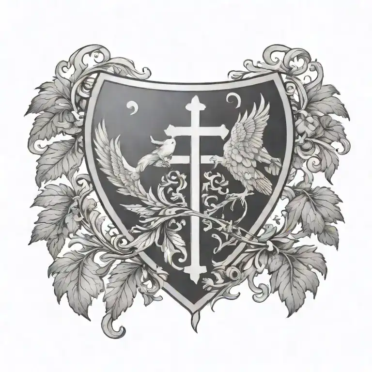 coat of arms dove wings mantling, cross  tattoo design idea