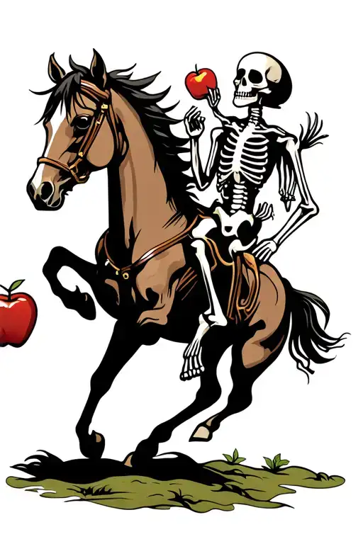 A skeleton on the back of a galloping horse. The horse is seen by 3/4. The skeleton holds an apple in his right hand tattoo design idea