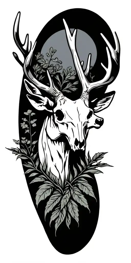 northeast style skeeve with a buck skull and plants tattoo design idea