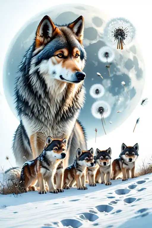 mama wolf and 6 wolf pups, dandelion seeds flying away, and 8 sets of wolf pup tracks in the snow looking at the moon tattoo design idea
