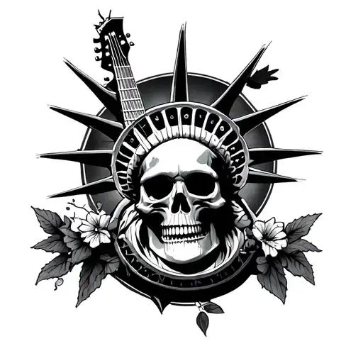 skull, guitar, statue of liberty tattoo design idea