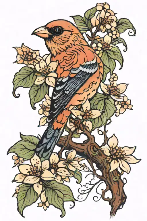 finch with dogwood flowers tattoo design idea