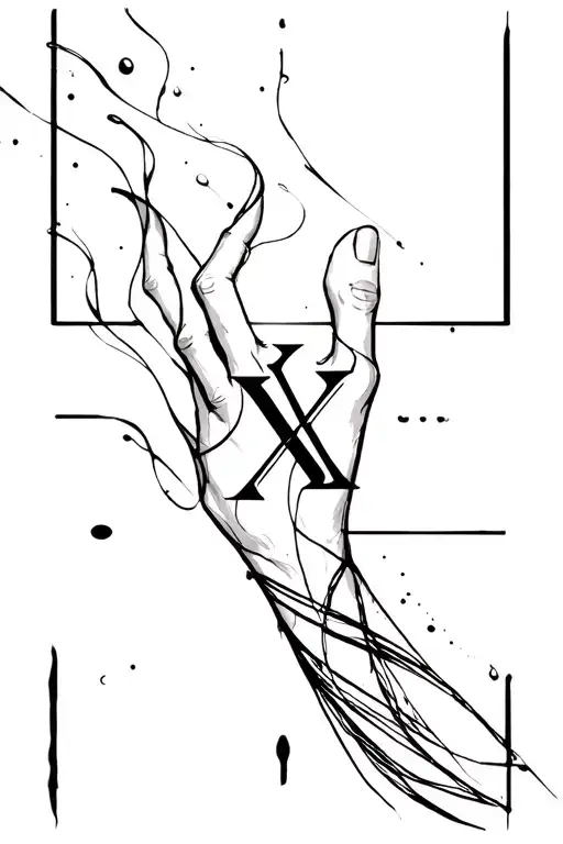 Black ink abstract hand tattoo with surreal flowing lines, dissolving "X" letters embedded into design, high detail, dot tattoo design idea