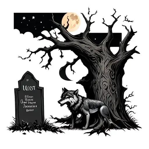 graveyard with dead tree and moon and starts and a wolf  tattoo design idea