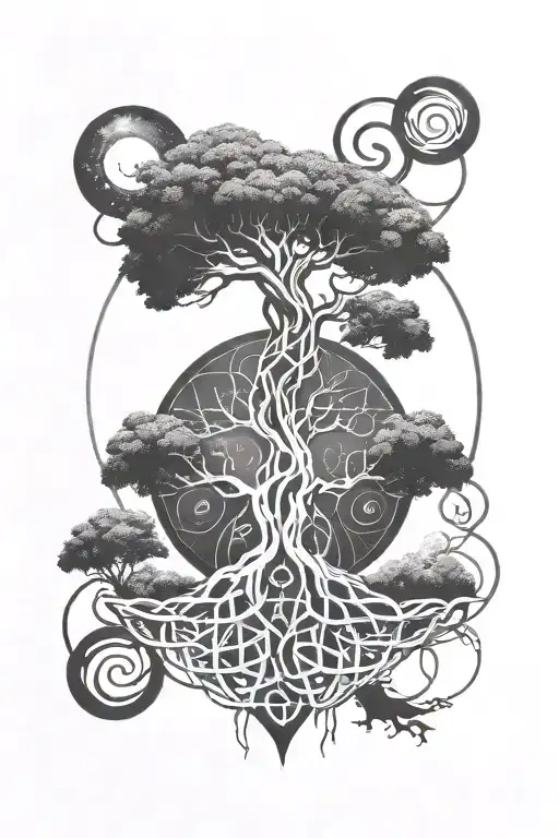 A minimalist blackwork tattoo of Yggdrasil, intertwined with images of the nine planets and viking runes of fate tattoo design idea