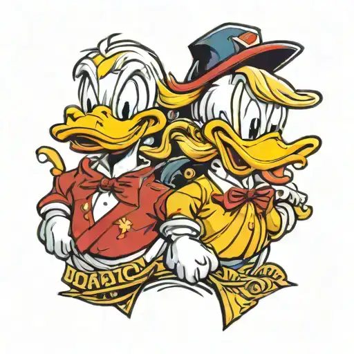 donald duck smiling with donald trumps lips and donald trumps blonde hair tattoo design idea