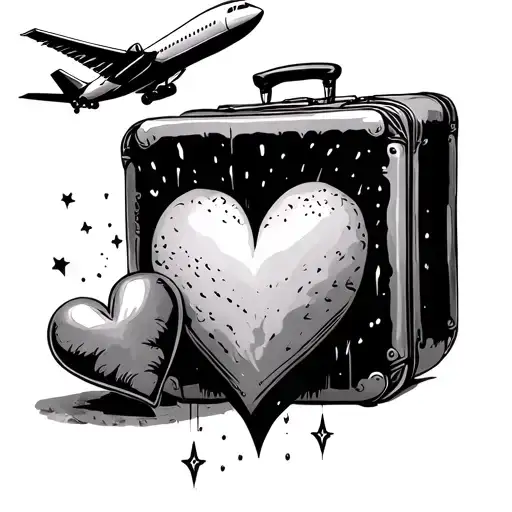 suitcase and heart and airplane flying tattoo design idea