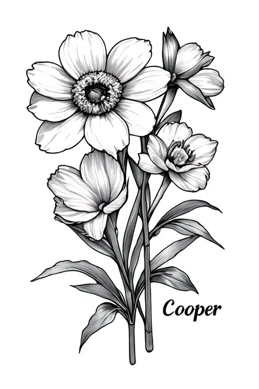 "Cooper" marigold, cosmos and narcissus flower with name tattoo design idea