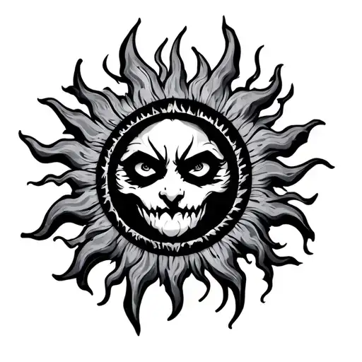 pointy circle sun with evil face tattoo design idea