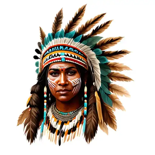 Native American queen from California with headdress, facial tribal markings and jewelry from patwin tribe. African face tattoo design idea